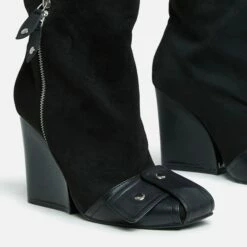 EGO Senna Faux Fur Buckle Detail Square Toe Wedge Heel Knee High Long Boot In Black Faux Suede -EGO Sales Store 28 10 22 fw28165 sq