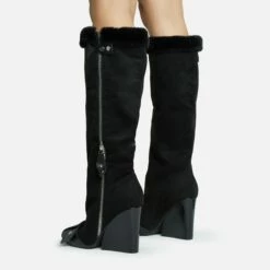 EGO Senna Faux Fur Buckle Detail Square Toe Wedge Heel Knee High Long Boot In Black Faux Suede -EGO Sales Store 28 10 22 fw28166 sq