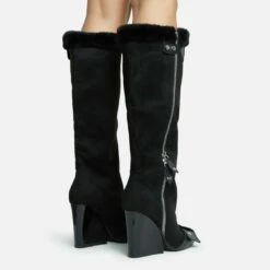 EGO Senna Faux Fur Buckle Detail Square Toe Wedge Heel Knee High Long Boot In Black Faux Suede -EGO Sales Store 28 10 22 fw28167 sq