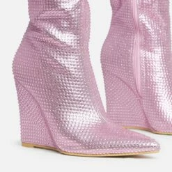 EGO Rowen Pointed Toe Wedge Heel Knee High Long Boot In Pink Diamante -EGO Sales Store 28 10 22 fw28185 sq