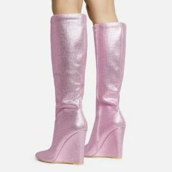 EGO Rowen Pointed Toe Wedge Heel Knee High Long Boot In Pink Diamante -EGO Sales Store 28 10 22 fw28186 sq 1