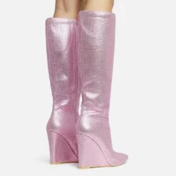 EGO Rowen Pointed Toe Wedge Heel Knee High Long Boot In Pink Diamante -EGO Sales Store 28 10 22 fw28187 sq