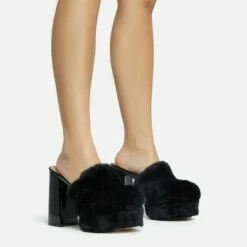 EGO Smoothie Faux Fur Detail Closed Toe Platform Block Heel Mule In Black Patent