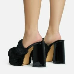 EGO Smoothie Faux Fur Detail Closed Toe Platform Block Heel Mule In Black Patent -EGO Sales Store 28 10 22 fw28221 sb2