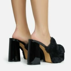 EGO Smoothie Faux Fur Detail Closed Toe Platform Block Heel Mule In Black Patent -EGO Sales Store 28 10 22 fw28222 sb