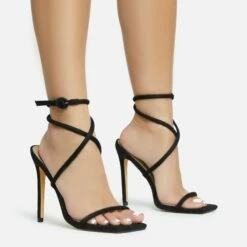 EGO Lena-Olin Cross Ankle Strap Square Toe Stiletto Heel In Black Faux Suede