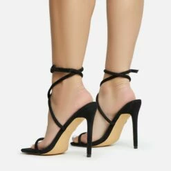 EGO Lena-Olin Cross Ankle Strap Square Toe Stiletto Heel In Black Faux Suede -EGO Sales Store 28 10 22 fw28253 sb