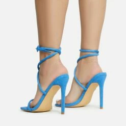 EGO Lena-Olin Cross Ankle Strap Square Toe Stiletto Heel In Blue Faux Suede -EGO Sales Store 28 10 22 fw28258 sb