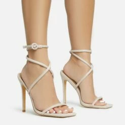 Front Page 55 EGO Lena-Olin Cross Ankle Strap Square Toe Stiletto Heel In Nude Faux Suede