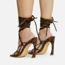 EGO Shanice Lace Up Strappy Square Toe Statement Thin Block Heel In Leopard Print Faux Suede -EGO Sales Store 28 10 22 fw28273 sq