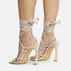 EGO Shanice Lace Up Strappy Square Toe Statement Thin Block Heel In Nude Faux Suede -EGO Sales Store 28 10 22 fw28279 sq