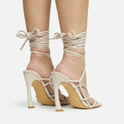 EGO Shanice Lace Up Strappy Square Toe Statement Thin Block Heel In Nude Faux Suede -EGO Sales Store 28 10 22 fw28280 sq