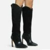 EGO Run-Wild Pointed Toe Stiletto Heel Knee High Long Western Cowboy Boot In Black Faux Suede And Faux Leather -EGO Sales Store 28 10 22 fw28386 sq
