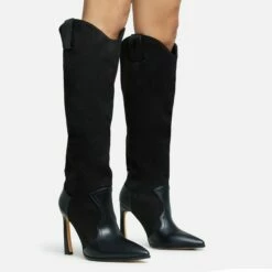 Front Page 3 EGO Run-Wild Pointed Toe Stiletto Heel Knee High Long Western Cowboy Boot In Black Faux Suede And Faux Leather