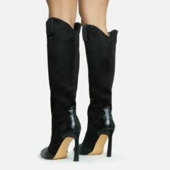 EGO Run-Wild Pointed Toe Stiletto Heel Knee High Long Western Cowboy Boot In Black Faux Suede And Faux Leather -EGO Sales Store 28 10 22 fw28388 sq