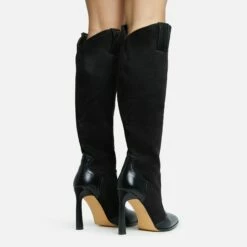 EGO Run-Wild Pointed Toe Stiletto Heel Knee High Long Western Cowboy Boot In Black Faux Suede And Faux Leather -EGO Sales Store 28 10 22 fw28389 sq