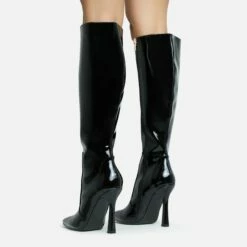 EGO Forest Pointed Toe Stiletto Heel Knee High Long Boot In Black Patent -EGO Sales Store 28 10 22 fw28400 sq