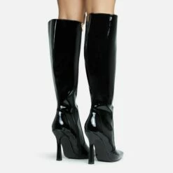 EGO Forest Pointed Toe Stiletto Heel Knee High Long Boot In Black Patent -EGO Sales Store 28 10 22 fw28401 sq