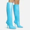 EGO Lavia Square Toe Stiletto Heel Knee High Long Boot In Blue Faux Leather -EGO Sales Store 28 10 22 fw28422 s