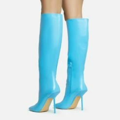 EGO Lavia Square Toe Stiletto Heel Knee High Long Boot In Blue Faux Leather -EGO Sales Store 28 10 22 fw28424 sb