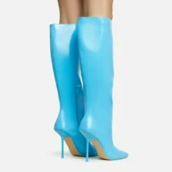 EGO Lavia Square Toe Stiletto Heel Knee High Long Boot In Blue Faux Leather -EGO Sales Store 28 10 22 fw28425 sb2