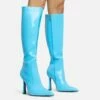EGO Forest Pointed Toe Stiletto Heel Knee High Long Boot In Blue Patent -EGO Sales Store 28 10 22 fw28440 sq