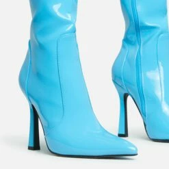 EGO Forest Pointed Toe Stiletto Heel Knee High Long Boot In Blue Patent -EGO Sales Store 28 10 22 fw28441 sq