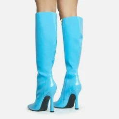 EGO Forest Pointed Toe Stiletto Heel Knee High Long Boot In Blue Patent -EGO Sales Store 28 10 22 fw28442 sq