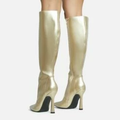 EGO Forest Pointed Toe Stiletto Heel Knee High Long Boot In Gold Faux Leather -EGO Sales Store 28 10 22 fw28448 sq