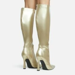 EGO Forest Pointed Toe Stiletto Heel Knee High Long Boot In Gold Faux Leather -EGO Sales Store 28 10 22 fw28449 sq