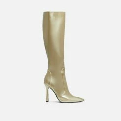 EGO Forest Pointed Toe Stiletto Heel Knee High Long Boot In Gold Faux Leather -EGO Sales Store 28 10 22 fw28450 sq