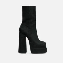 EGO Fifi Closed Square Toe Statement Platform Block Heel Ankle Biker Boot In Black Faux Suede -EGO Sales Store 28 10 22 fw28452 sq