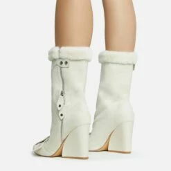 EGO Mayu Faux Fur Buckle Detail Square Toe Wedge Heel Ankle Biker Boot In Cream Faux Suede -EGO Sales Store 28 10 22 fw28464 sq