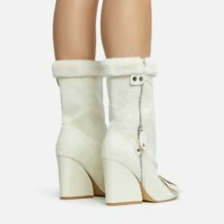 EGO Mayu Faux Fur Buckle Detail Square Toe Wedge Heel Ankle Biker Boot In Cream Faux Suede -EGO Sales Store 28 10 22 fw28465 sq