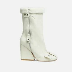 EGO Mayu Faux Fur Buckle Detail Square Toe Wedge Heel Ankle Biker Boot In Cream Faux Suede -EGO Sales Store 28 10 22 fw28466 sq