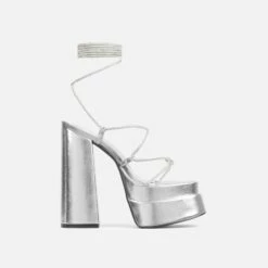 EGO Star-Walker Lace Up Diamante Knotted Strap Detail Extreme Platform Block Heel In Silver Metallic Faux Leather -EGO Sales Store 28 10 22 fw30004 2 sq
