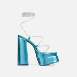 EGO Star-Walker Lace Up Diamante Knotted Strap Detail Extreme Platform Block Heel In Blue Metallic Faux Leather -EGO Sales Store 28 10 22 fw30004 sq