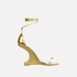 EGO Time-Flies Lace Up Square Toe Cut Out Wedge Heel In Gold Faux Leather -EGO Sales Store 28 10 22 fw30009 sq
