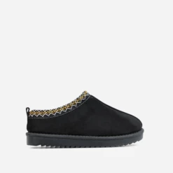 Front Page 15 EGO Catch-Up Aztec Detail Faux Fur Lining Flat Slipper In Black Faux Suede
