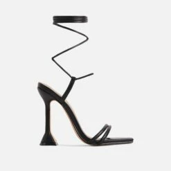 EGO Ring-Top Strappy Lace Up Square Toe Sculptured Heel In Black Faux Leather -EGO Sales Store 29 073423