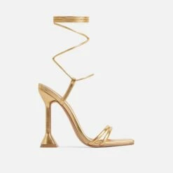EGO Ring-Top Strappy Lace Up Square Toe Sculptured Heel In Gold Faux Leather -EGO Sales Store 29 073425