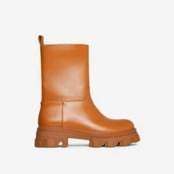 EGO Fayre Chunky Sole Ankle Biker Boot In Tan Brown Faux Leather -EGO Sales Store 2 12 21 cutouts onfoot0033