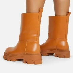 EGO Fayre Chunky Sole Ankle Biker Boot In Tan Brown Faux Leather -EGO Sales Store 2 12 21 cutouts onfoot2532 copy