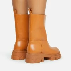 EGO Fayre Chunky Sole Ankle Biker Boot In Tan Brown Faux Leather -EGO Sales Store 2 12 21 cutouts onfoot2533 copy