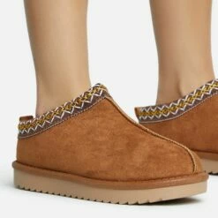 EGO Catch-Up Aztec Detail Faux Fur Lining Flat Slipper In Chestnut Brown Faux Suede -EGO Sales Store 30 11 22 fw31435 copy