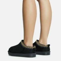 EGO Catch-Up Aztec Detail Faux Fur Lining Flat Slipper In Black Faux Suede -EGO Sales Store 30 11 22 fw31441 copy