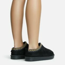 EGO Catch-Up Aztec Detail Faux Fur Lining Flat Slipper In Black Faux Suede -EGO Sales Store 30 11 22 fw31442 copy
