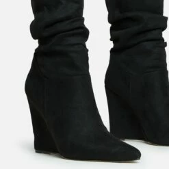 EGO Baize Pointed Toe Wedge Heel Slouched Ankle Boot In Black Faux Suede -EGO Sales Store 30 11 22 fw31550 sq