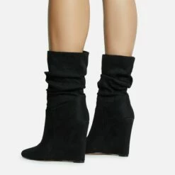EGO Baize Pointed Toe Wedge Heel Slouched Ankle Boot In Black Faux Suede -EGO Sales Store 30 11 22 fw31551 sq