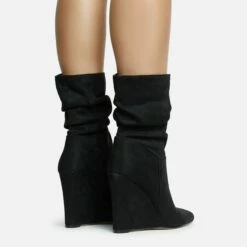 EGO Baize Pointed Toe Wedge Heel Slouched Ankle Boot In Black Faux Suede -EGO Sales Store 30 11 22 fw31552 sq